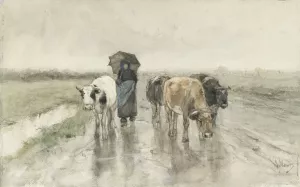 A Herdess with Cows on a Country Road in the Rain by Anton Mauve Oil Painting