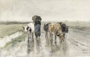 A Herdess with Cows on a Country Road in the Rain by Anton Mauve Oil Painting