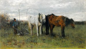 A Ploughing Farmer by Anton Mauve Oil Painting