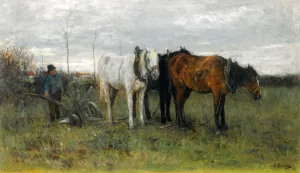 A Ploughing Farmer by Anton Mauve Oil Painting