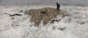 Flock of sheep with shepherd in the snow by Anton Mauve Oil Painting