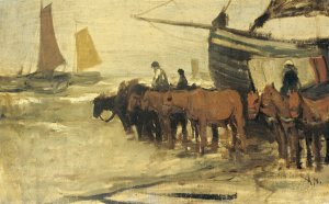Het in zee brengen van een visserspink by Anton Mauve Oil Painting