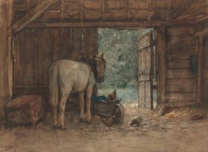 Paard in een stal bij een open staldeur by Anton Mauve Oil Painting