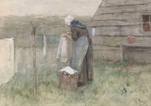 Vrouw bij een waslijn Oil painting by Anton Mauve