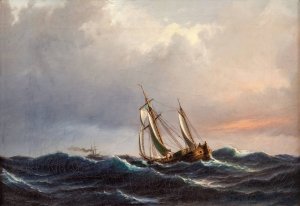 A ship in high seas at sunset by Anton Melbye Oil Painting