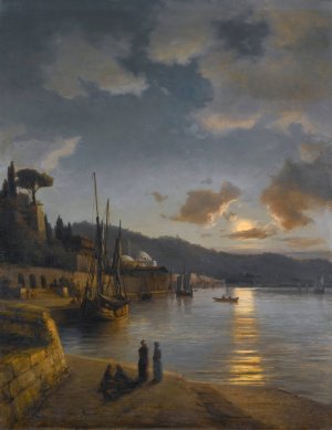 A Turkish Harbour By Moonlight by Anton Melbye Oil Painting