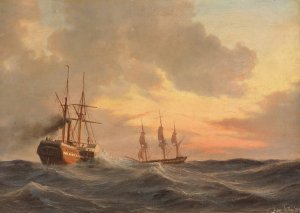 Dampfsegler und Dreimaster auf bewegter See by Anton Melbye Oil Painting