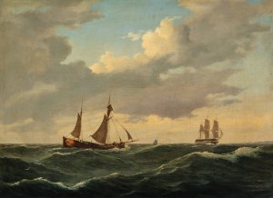 Dutch Koff And Ship Of The Line In A Moderate Breeze by Anton Melbye Oil Painting