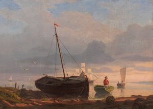 Fischerboote am Strand im Abendlicht by Anton Melbye Oil Painting