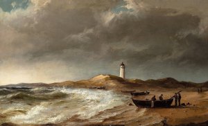 Fiskere ved deres bade pa stranden, naer Skagen fyr by Anton Melbye Oil Painting