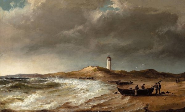 Main Product Photo of Fiskere ved deres bade pa stranden, naer Skagen fyr Painting by Anton Melbye