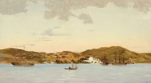 Parti fra Middelhavet med hvide bygninger ved kysten Oil painting by Anton Melbye