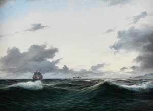 Segelschiff und besegelter Dampfer auf See vor einer Kuste by Anton Melbye Oil Painting