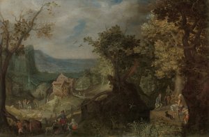 Hunter and Horsemen on a Wooded Road, with a Village in a Valley beyond by Anton Mirou Oil Painting