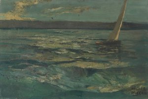Bewegter See mit Segelboot by Anton Muller-Wischin Oil Painting