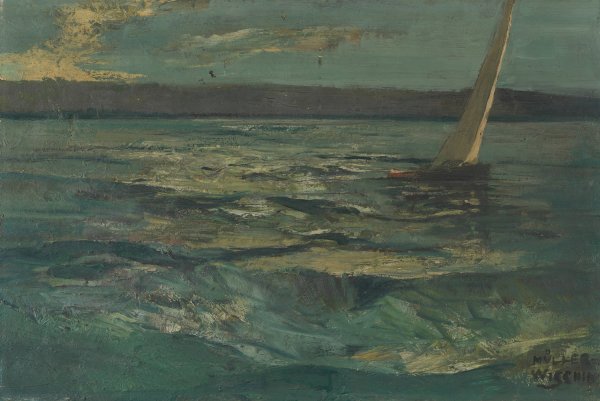 Main Product Photo of Bewegter See mit Segelboot Painting by Anton Muller-Wischin