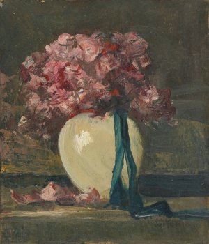 Rosa Blumen in weiser Vase by Anton Muller-Wischin Oil Painting