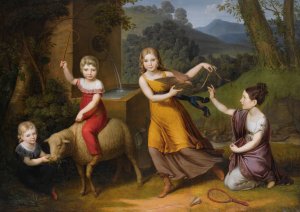 Portrait Of Four Children, Full Length, in A Landscape, With A Sheep And Turtle Doves by Anton Petter Oil Painting