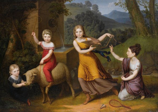 Portrait Of Four Children, Full Length, in A Landscape, With A Sheep And Turtle Doves by Anton Petter - Hand-Painted Oil Painting Reproduction