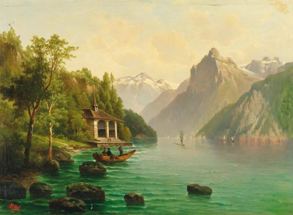 The Tellskapelle On Lake Lucerne by Anton Pick - Hand-Painted Oil Painting Reproduction