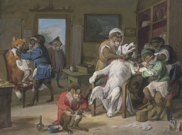 Barbierstube, Affen rasieren Hunde by Anton Radl - Hand-Painted Oil Painting Reproduction