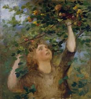 Apfelpfluckendes Madchen by Anton Romako Oil Painting