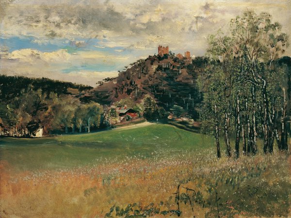 Die Meiereiwiese in der Vorderbruhl mit der Ruine MOdling  by Anton Romako - Hand-Painted Oil Painting Reproduction