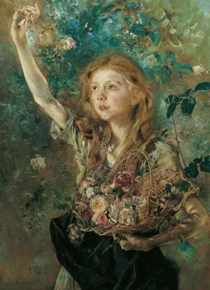 Die Rosenpfluckerin Oil painting by Anton Romako
