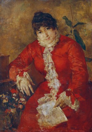 Frau im scharlachroten Kleid mit Zeitungsblatt und Ficus Frau im roten Kleid mit Zeitung by Anton Romako Oil Painting