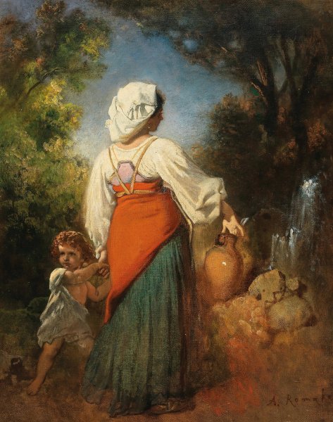 Italienerin mit Kind am Brunnen by Anton Romako - Hand-Painted Oil Painting Reproduction