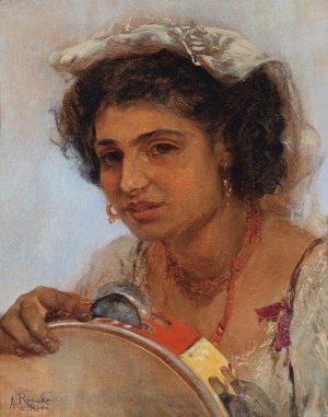 Italienisches Madchen mit Kopftuch und Tamburin by Anton Romako Oil Painting