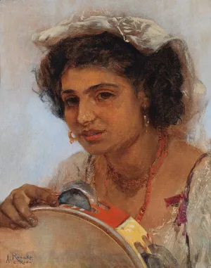 Italienisches Madchen mit Kopftuch und Tamburin by Anton Romako Oil Painting
