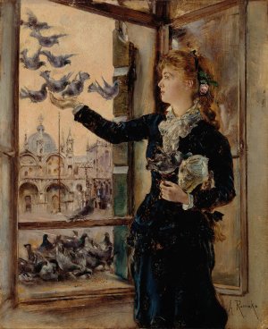 Madchen an einem Fenster zum Markusplatz, Tauben futternd by Anton Romako Oil Painting