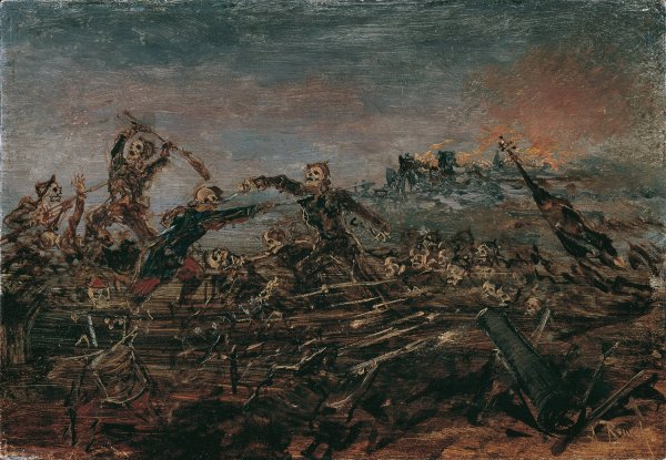 Totentanz auf dem Schlachtfeld vor brennenden Ruinen  by Anton Romako - Hand-Painted Oil Painting Reproduction