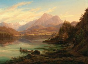 Aussicht von Altausseersee gegen Karlseisfeld am Dachstein, den hohen Seirrstein und Ruinen von Pfluigsberg und Baron Zedlitz Haus am Seeufer by Anton Schiffer Oil Painting