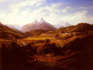 Berchtesgaden with the Watzmann Mountain in the distance Oil painting by Anton Schiffer