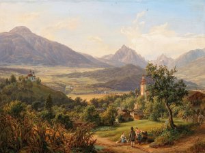 Dorf Arzl und der Kalvarienberg von Innsbruck mit Ansicht Schlos Anna, heiligen Wasser, der Waldraster-Spitze und kleinen Stubayer Ferner Oil painting by Anton Schiffer