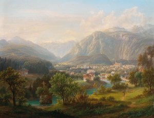 View from the New Schmolnau to the Kreuzstein on the Traun - towards Lauffen, the Dachstein, Ischl, Upper Austria by Anton Schiffer Oil Painting