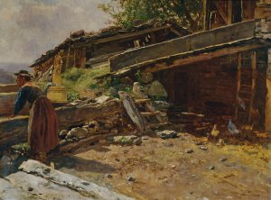 Brunnen beim Wolferlbauer in Bruck-Fusch by Anton Schrodl Oil Painting