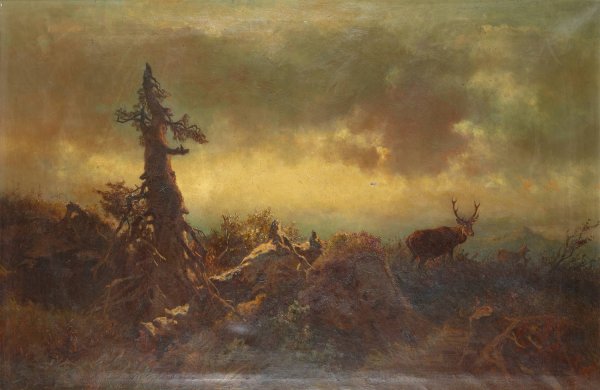 Hochebene mit Hirsch  by Anton Schrodl - Hand-Painted Oil Painting Reproduction