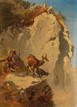Zwei Gamsen in Hochgebirge by Anton Schrodl Oil Painting