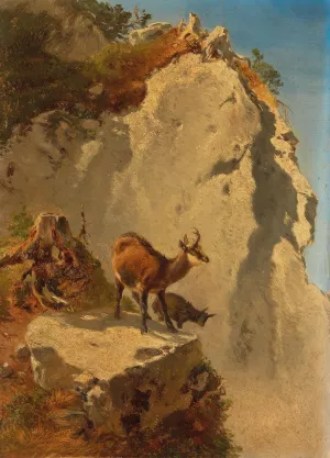 Zwei Gamsen in Hochgebirge Oil painting by Anton Schrodl
