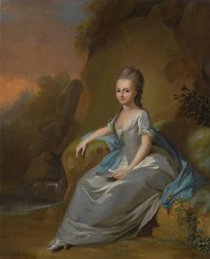 Portrait of elisabeth von breitenbach, wearing a blue dress, seated in a landscape by Anton Wilhelm Tischbein Oil Painting
