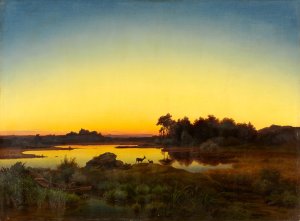 Landscape with Deer at Sunset by Anton Zwengauer Oil Painting