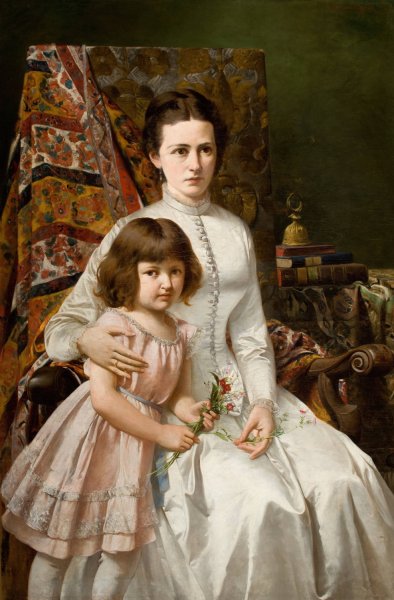 Portrait of Wife with Daughter Anna  by Antoni Gramatyka - Hand-Painted Oil Painting Reproduction