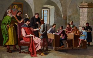 Stefan Batory among Schoolboys by Antoni Gramatyka Oil Painting