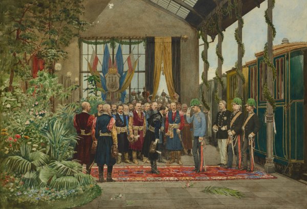 The Emperor Welcomed at the Train Station in Lviv from the Series Inspection Trip of Emperor Franz Joseph I Around Galicia in September 1880  by Antoni Kozakiewicz - Hand-Painted Oil Painting Reproduction