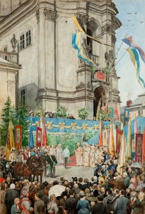 The Emperor Welcomed in Front of te Cathedral of Saint George in Lviv by Antoni Kozakiewicz Oil Painting