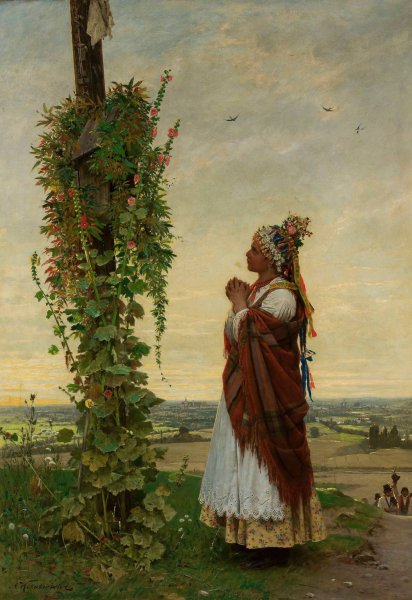 Village girl at a wayside shrine  by Antoni Kozakiewicz - Hand-Painted Oil Painting Reproduction