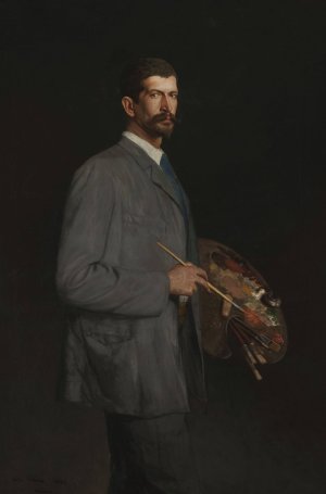 Self-portrait with palette by Antoni Piotrowski Oil Painting